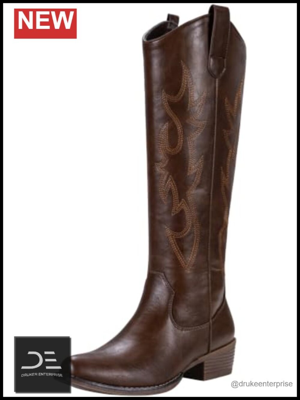 Women's Knee High Cowboy Boots Low Heel Western Tall Boots Faux Leather